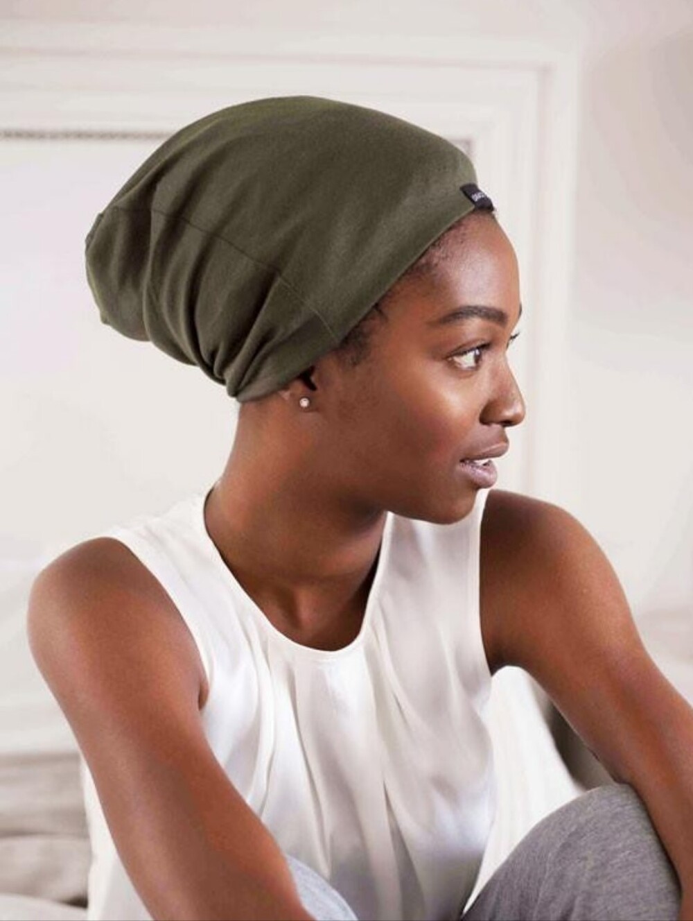 Grace Eleyae Olive Green Slap, Satin-lined Beanie